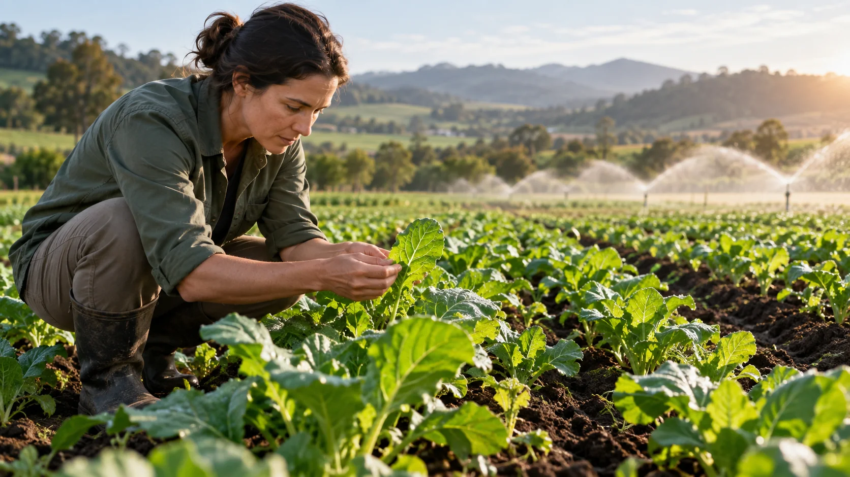 Grower checking crops in a sustainable farm