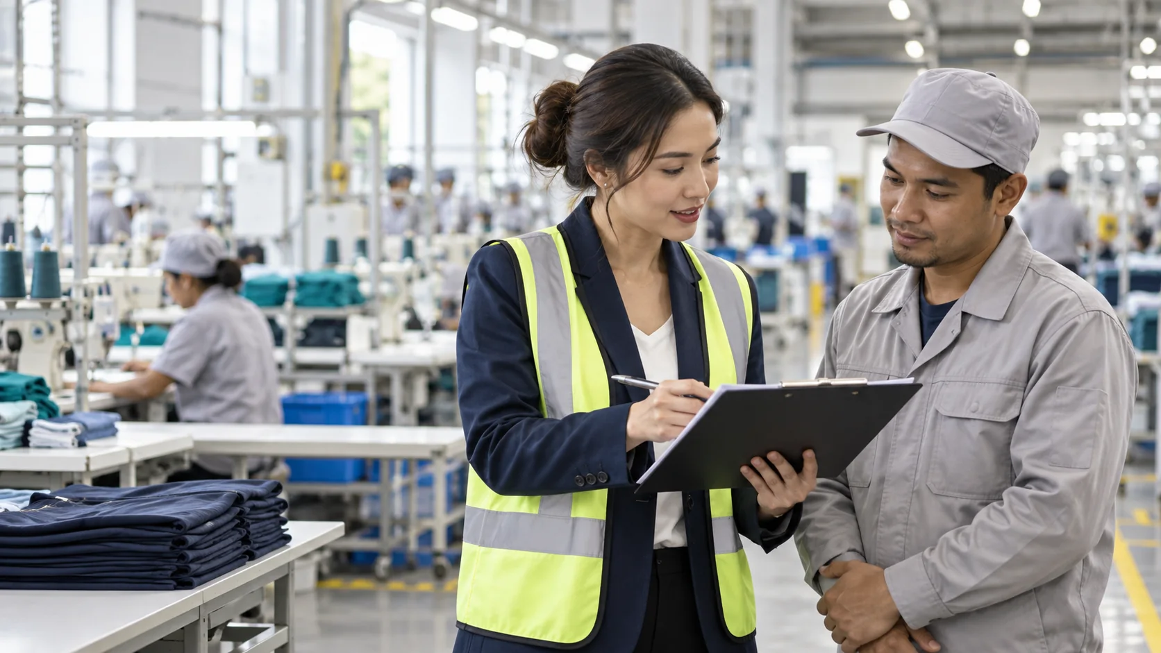Social compliance auditor reviewing workplace records